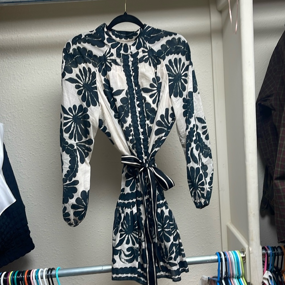 Antonio Melani Brynn Printed Cotton Voile Mock Neck Long Sleeve Drop Waist Dress